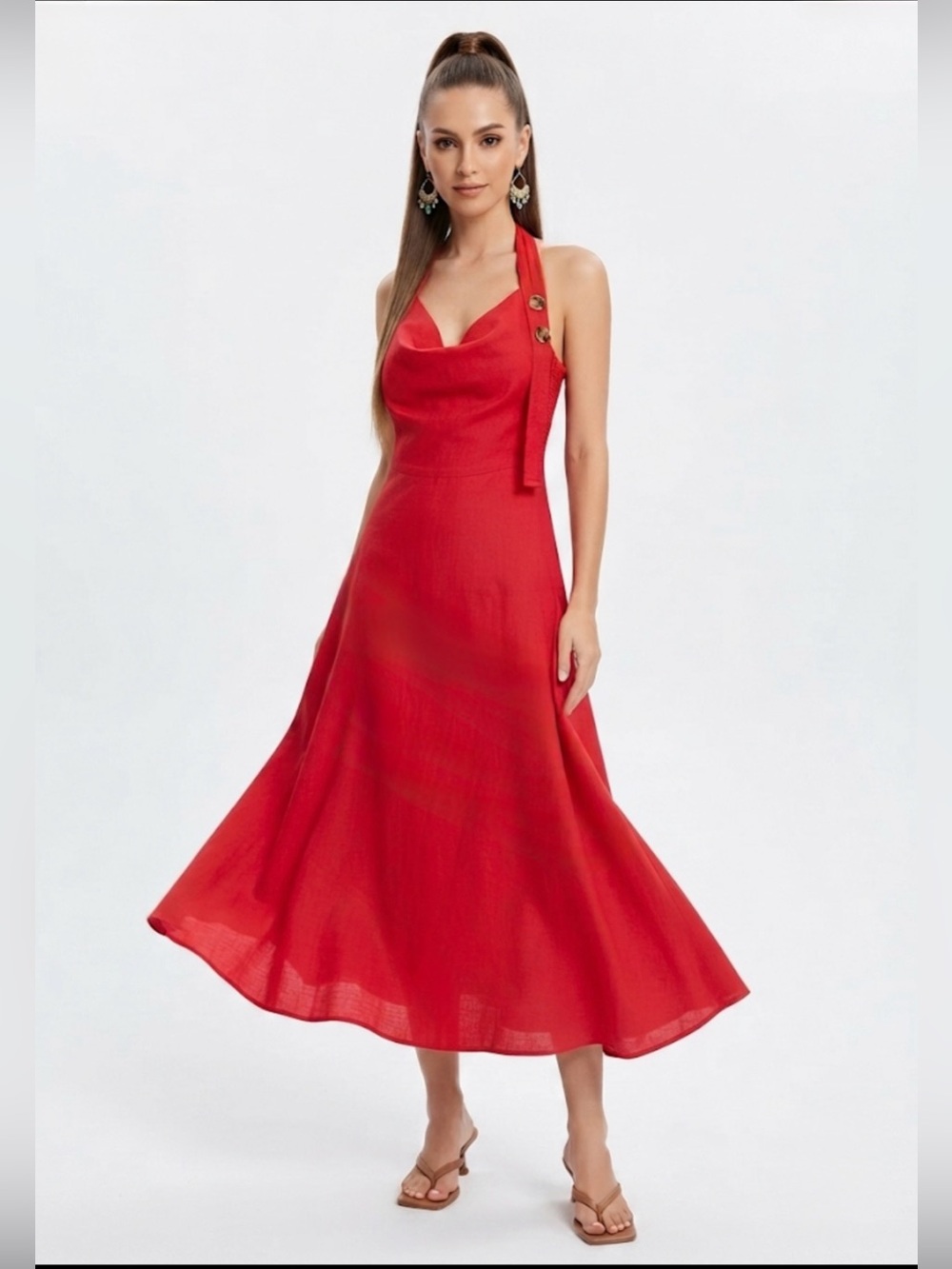 Zara Red Linen Blend Halter Midi Dress Size S Cowl Neck Tortoiseshell Buttons